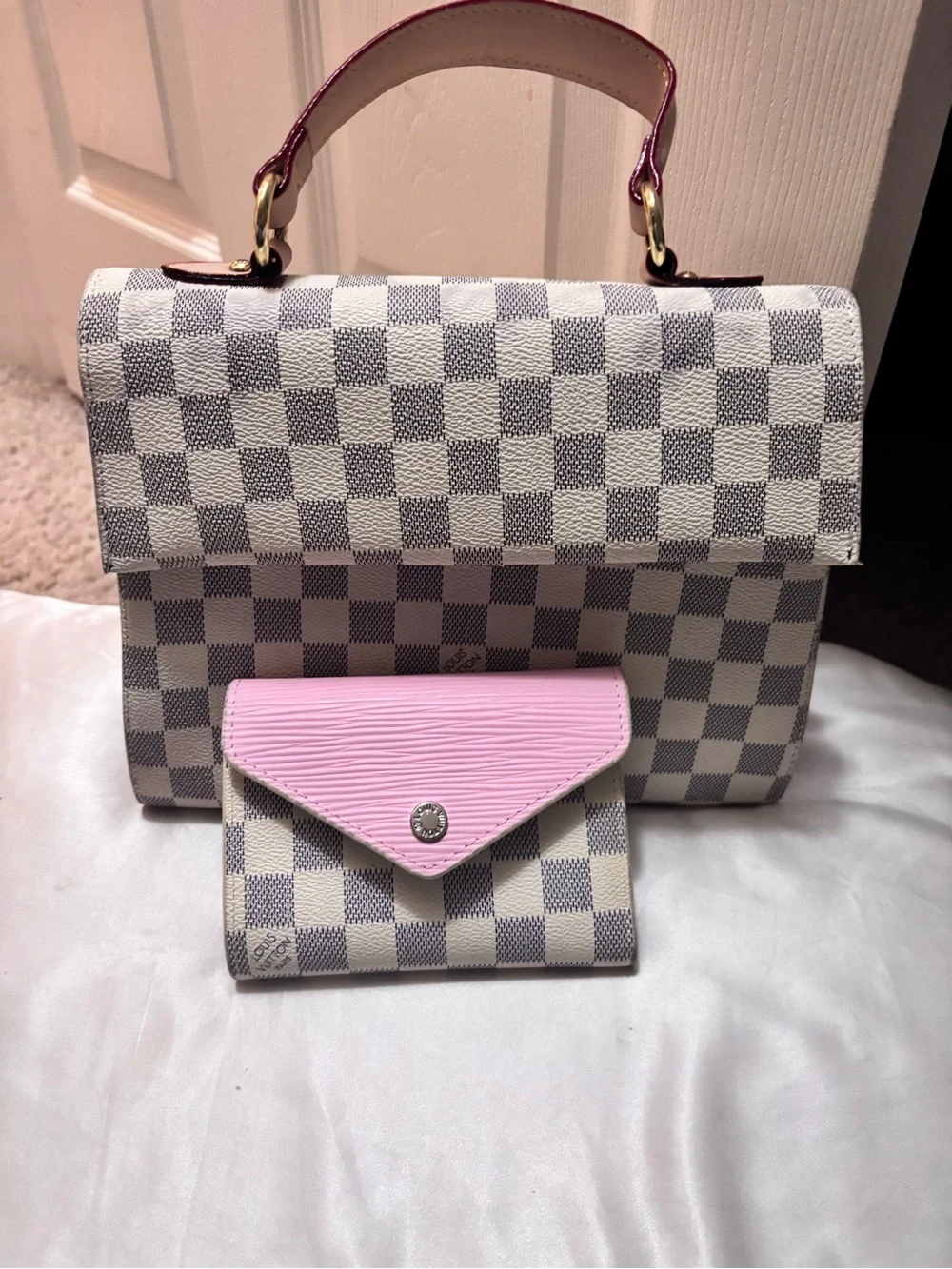 Inspired Louis Vuitton Gray Checkerboard Satchel with Pink Accent